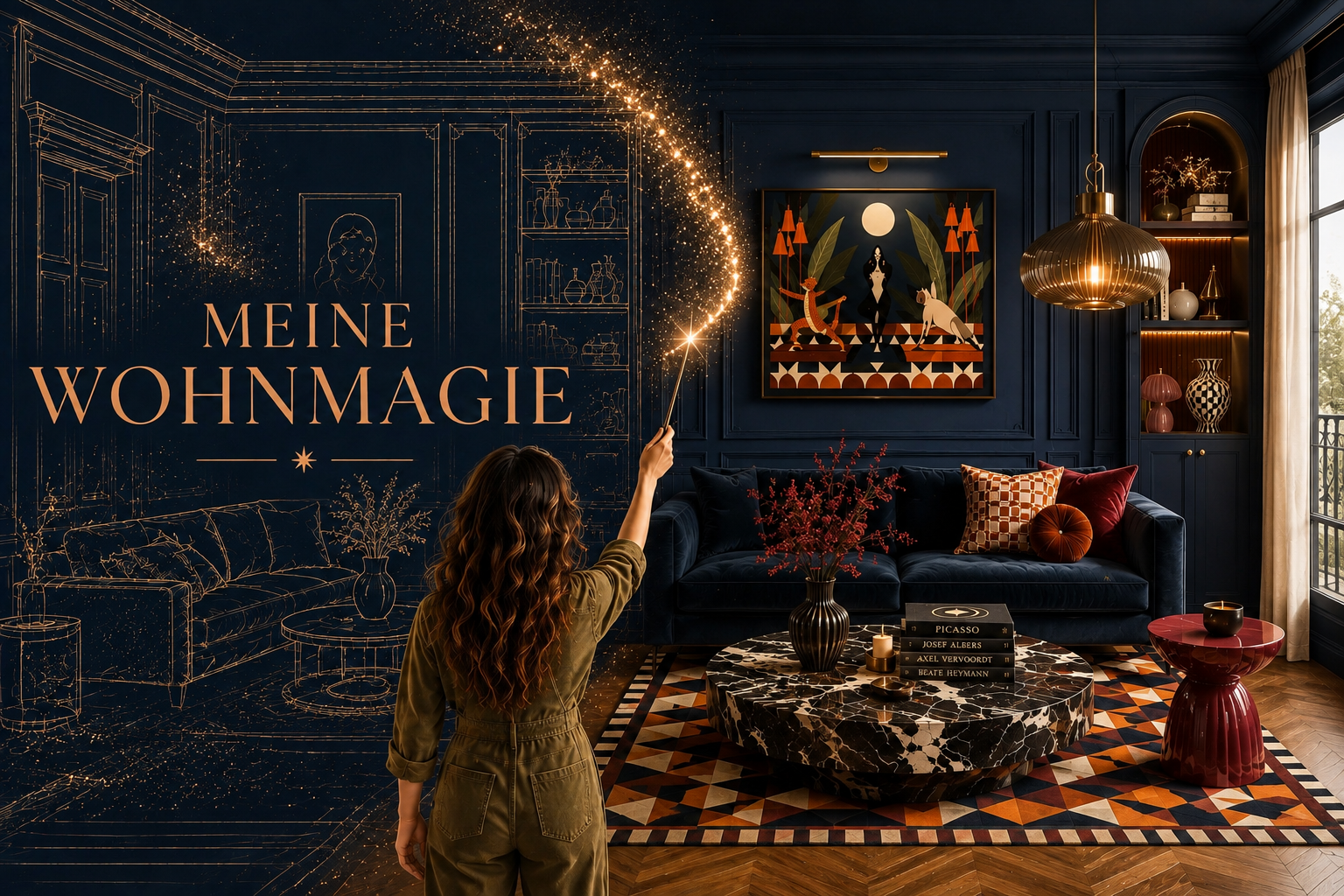Meine Wohnmagie – Interior-Hero mit Wohnszene und Schriftzug